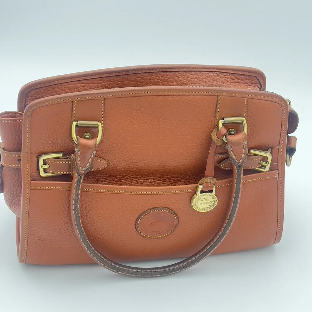 Dooney & Bourke Brown Pebbled Satchel Top Handle Bag Gold Hardware Zip Strap